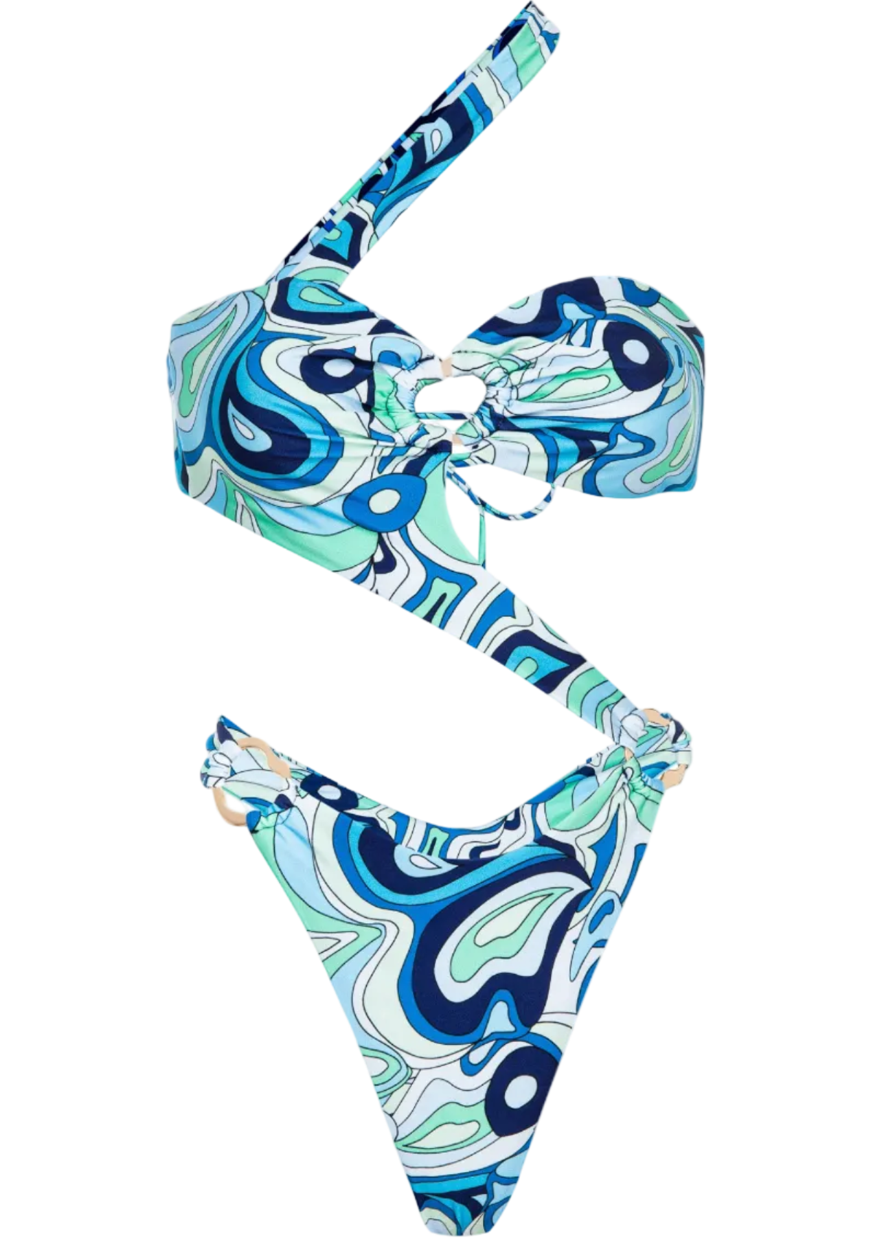 Two-piece swimsuit with blue and green abstract pattern on a white background