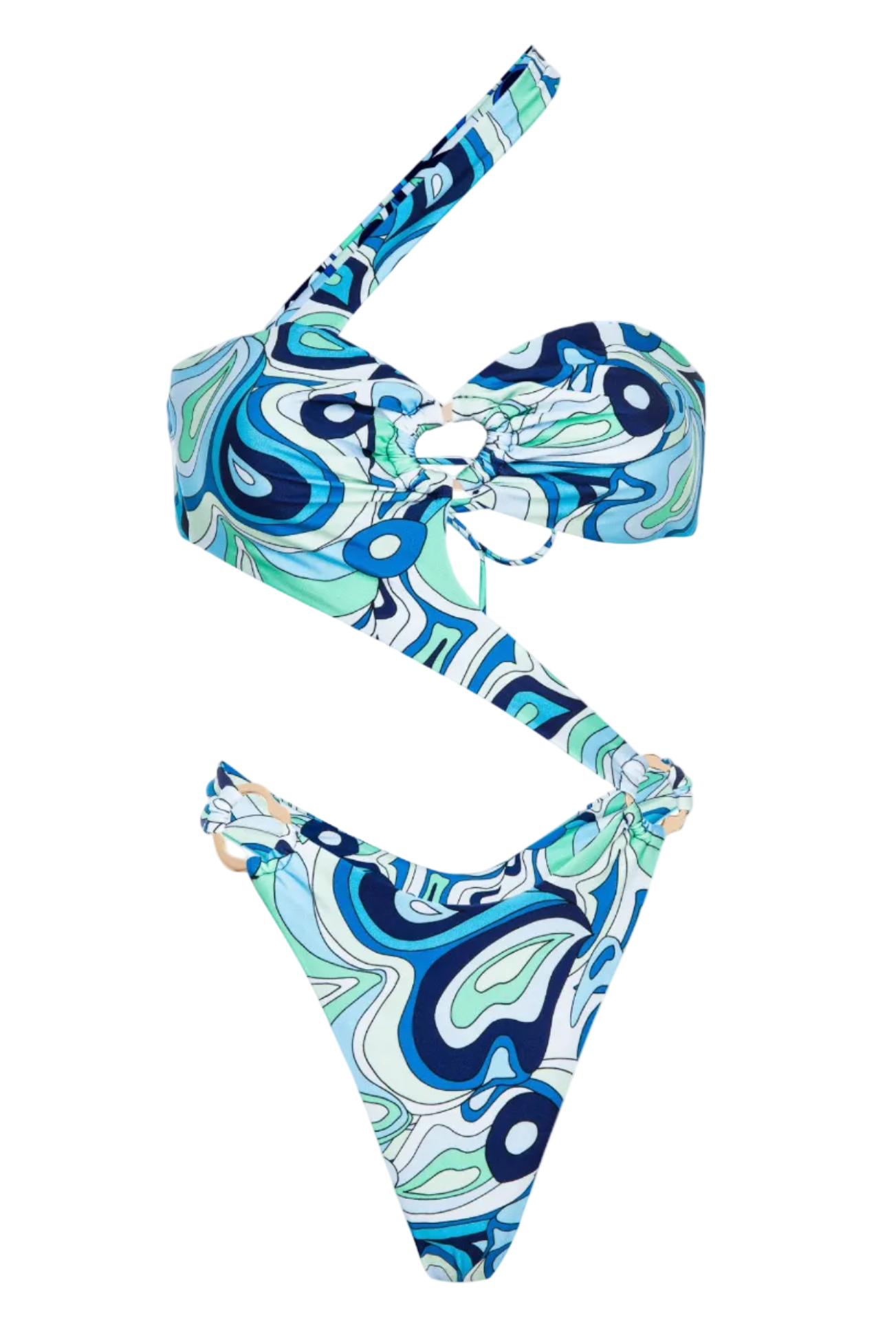 Two-piece swimsuit with blue and green abstract pattern on a white background