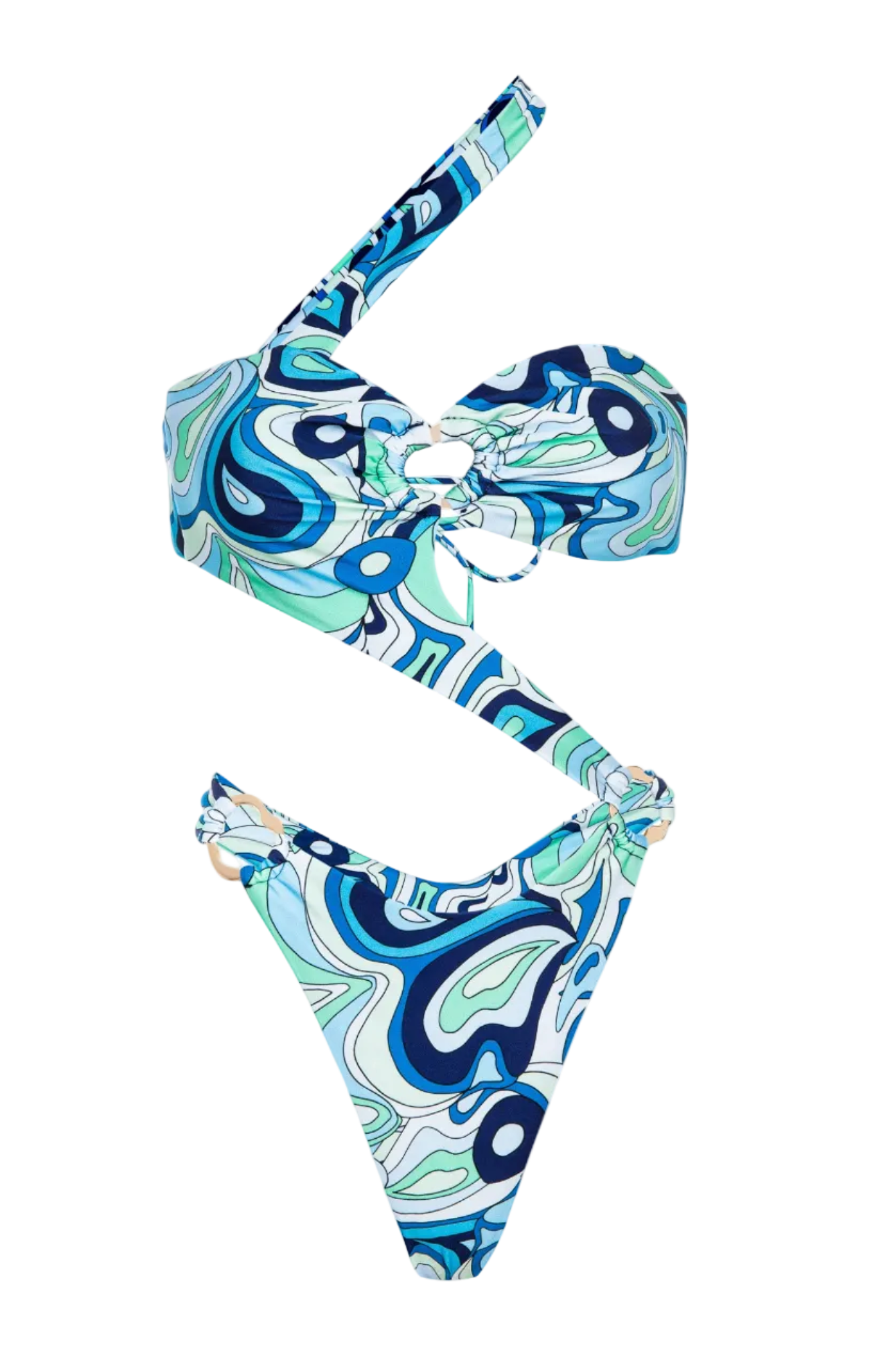 Two-piece swimsuit with blue and green abstract pattern on a white background